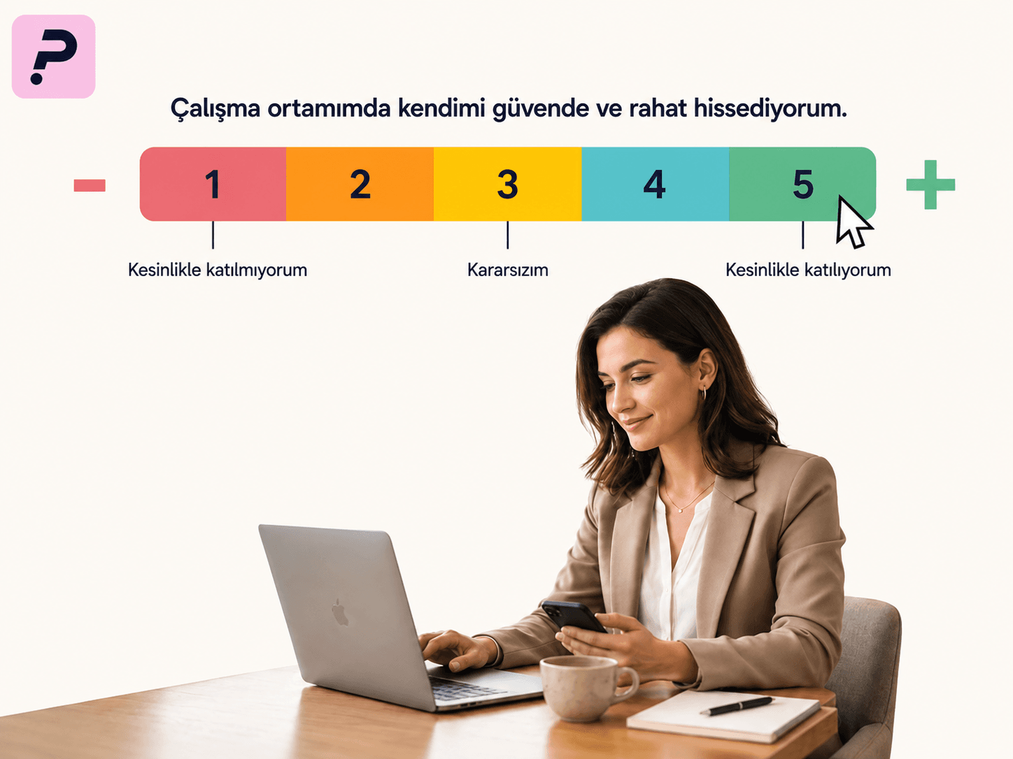 5 puanlı Likert ölçeği örneği, çalışan memnuniyeti anketinde kullanılan derecelendirme ölçeğini gösteriyor.