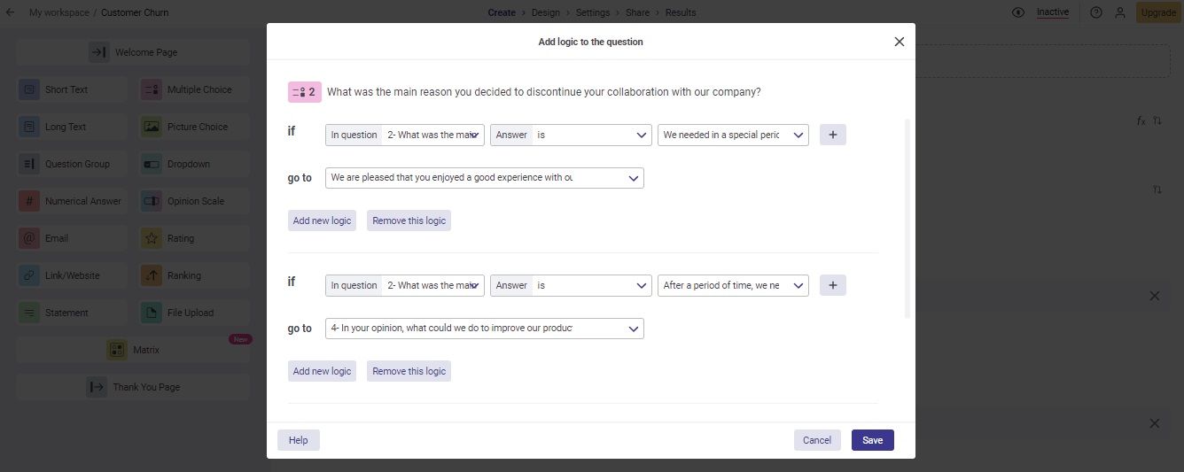Add logic to customer churn survey questions