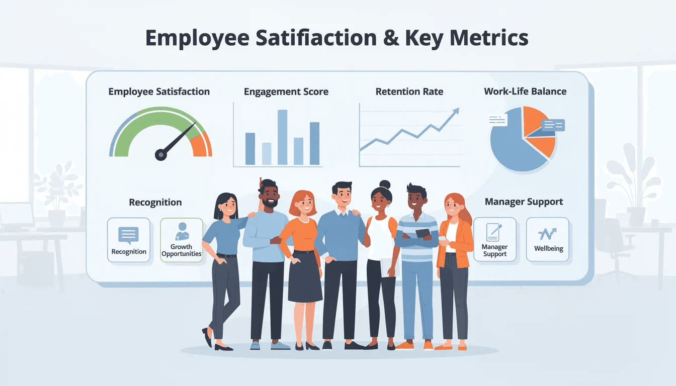 The illustration depicts various key metrics used to measure employee satisfaction, including elements like employee engagement, job satisfaction, and employee turnover rates. It emphasizes the importance of collecting employee feedback through surveys and other tools to improve workplace culture and overall employee wellbeing