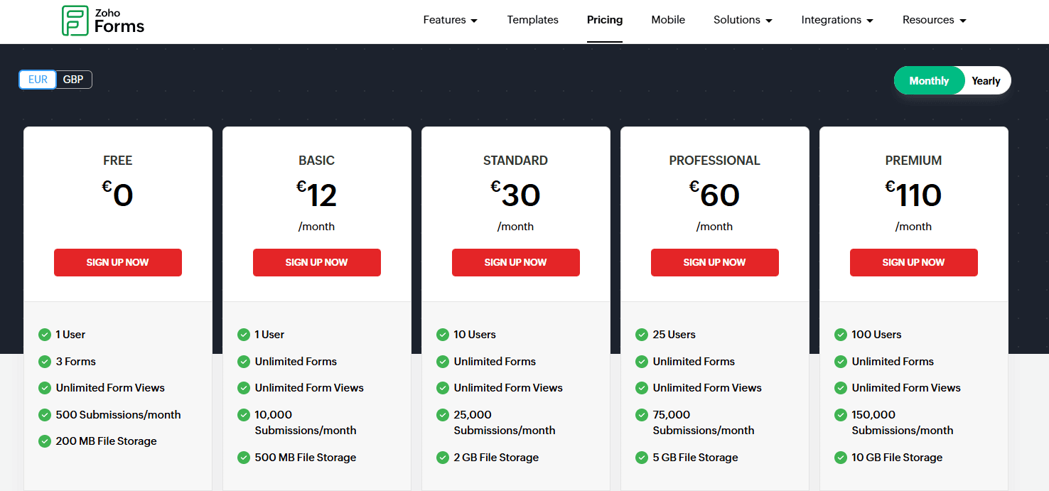 Zoho Forms pricing