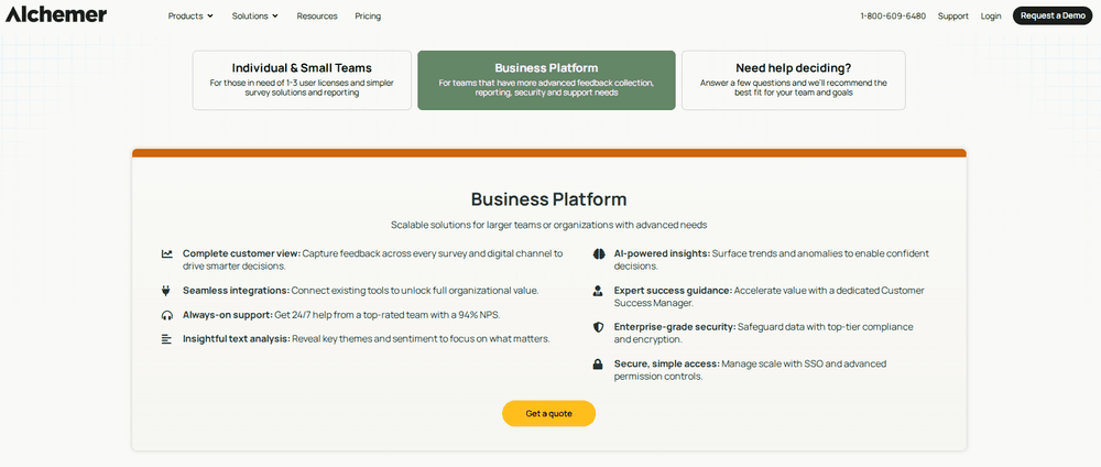 Alchemer Business Platform fiyatlandırma sayfasında kurumsal anket yönetimi, yapay zekâ destekli analizler, entegrasyonlar ve güvenlik özellikleri