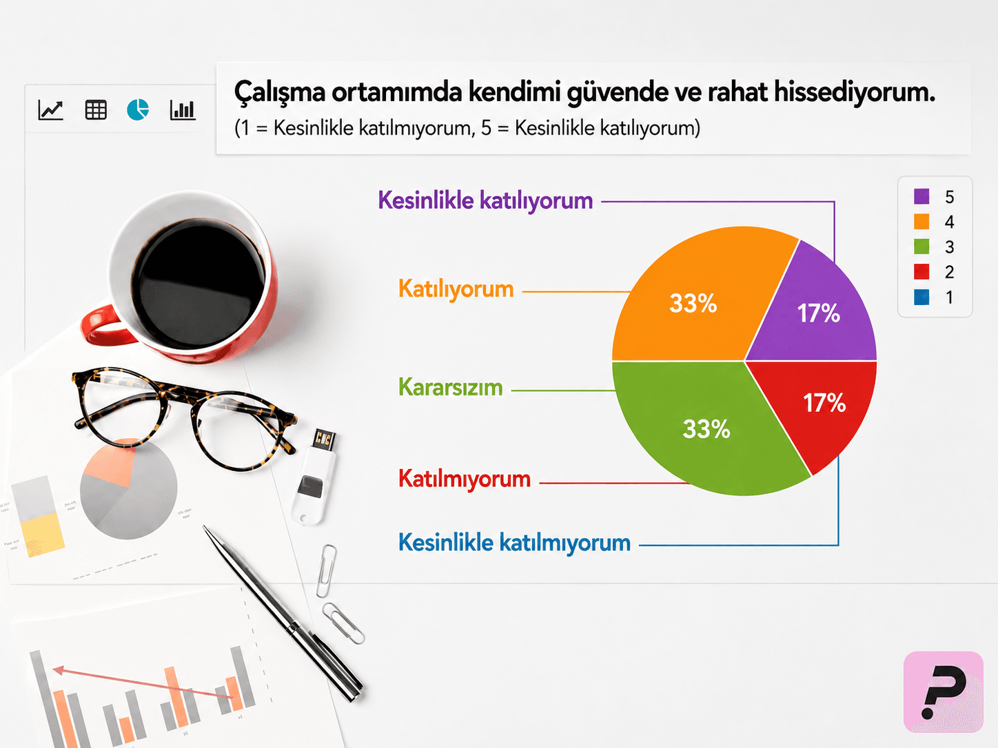 5 puanlı Likert ölçeği örneği, çalışan memnuniyeti anketi sorusu ve yanıt dağılımı grafiği.
