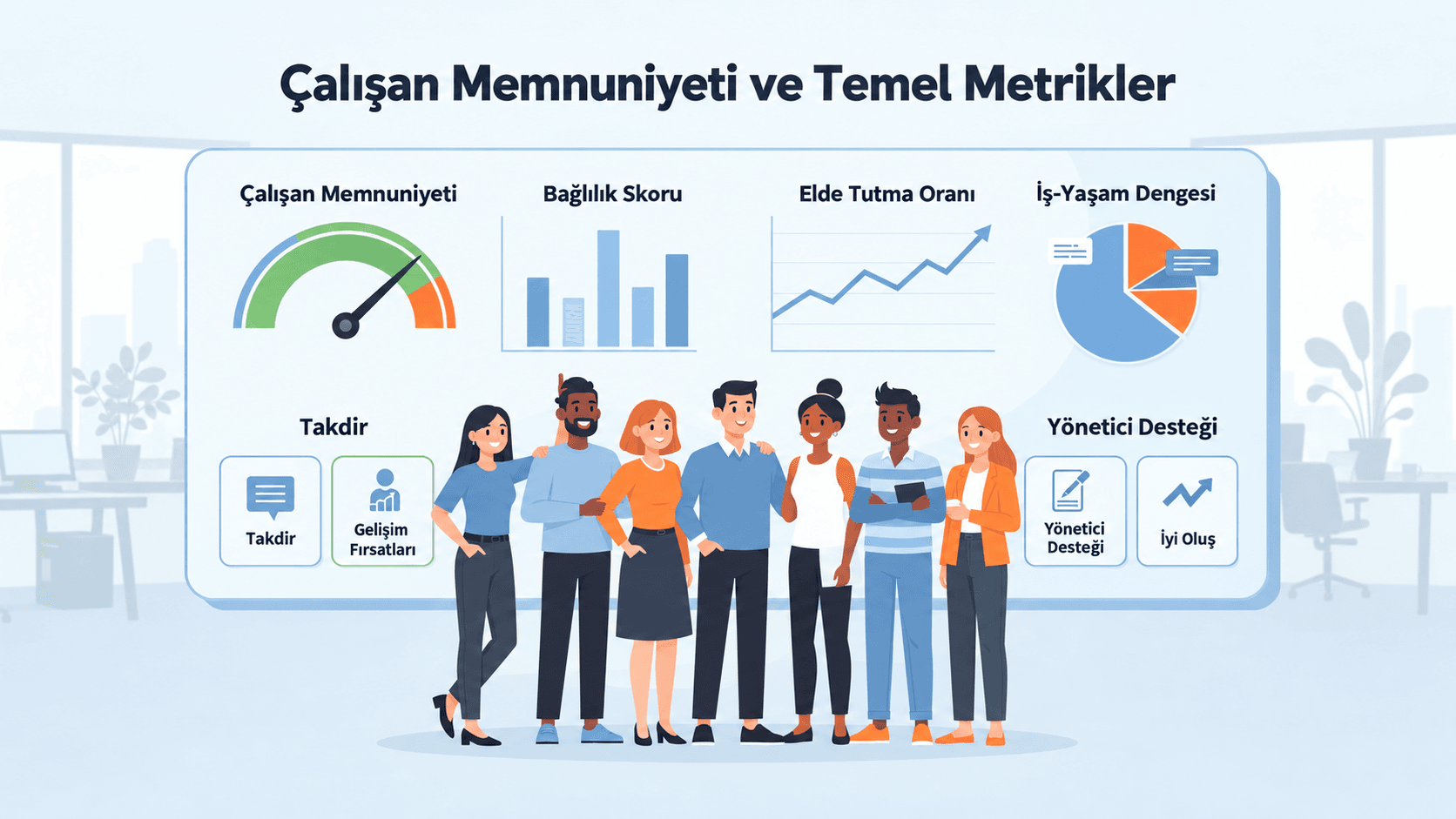 Çalışan memnuniyeti, bağlılık skoru, elde tutma oranı ve iş-yaşam dengesi metrikleri