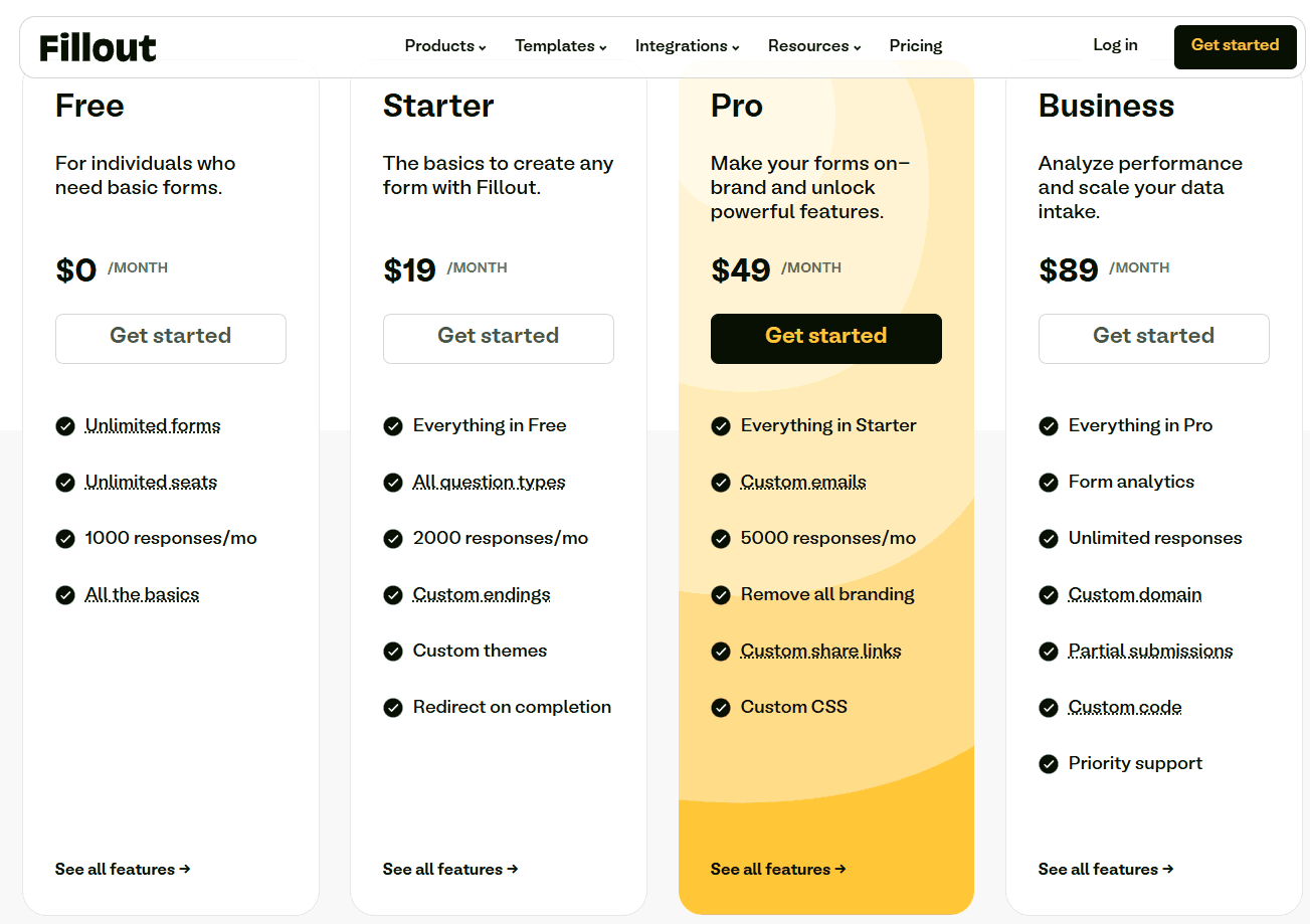 Fillout Free, Starter, Pro ve Business fiyatlandırma planları