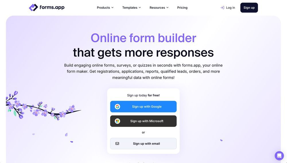 forms.app ana sayfasında online form oluşturma platformu ve kullanıcı kayıt ekranı.
