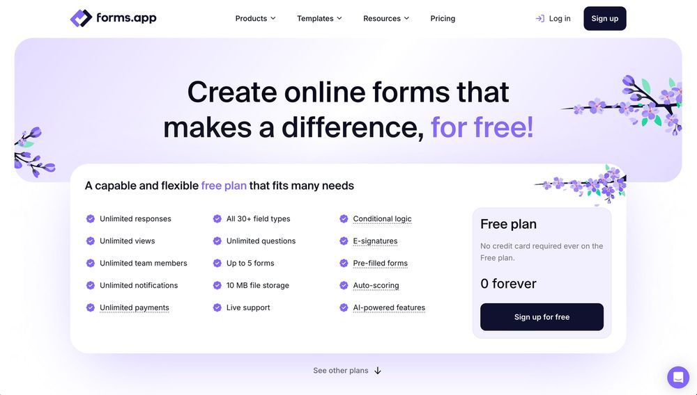 forms.app Free Plan ekranında ücretsiz online form oluşturma planının özellikleri ve fiyatlandırması.