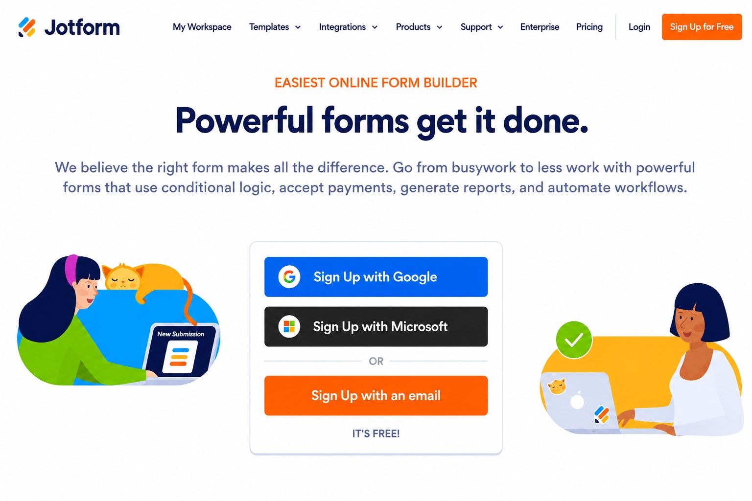 Jotform çevrimiçi form oluşturma platformunun ana sayfası ve kullanıcı kayıt ekranı.