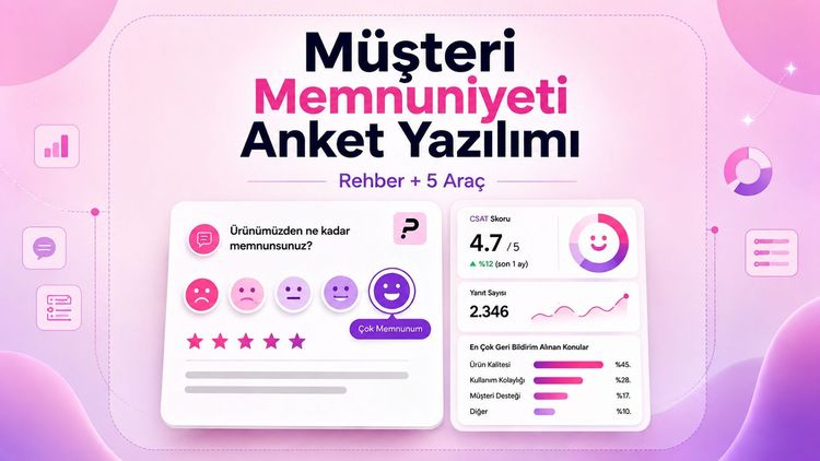 Müşteri memnuniyeti anket yazılımı için anket değerlendirmesi, CSAT skoru ve geri bildirim analizini gösteren dijital arayüz