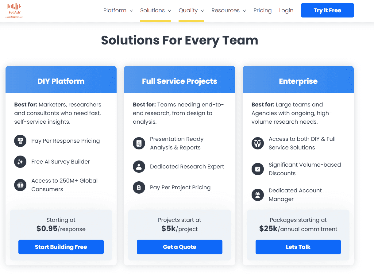 Pollfish fiyatlandırma planları: DIY Platform, Full Service Projects ve Enterprise paketlerinin özellikleri ve başlangıç fiyatları