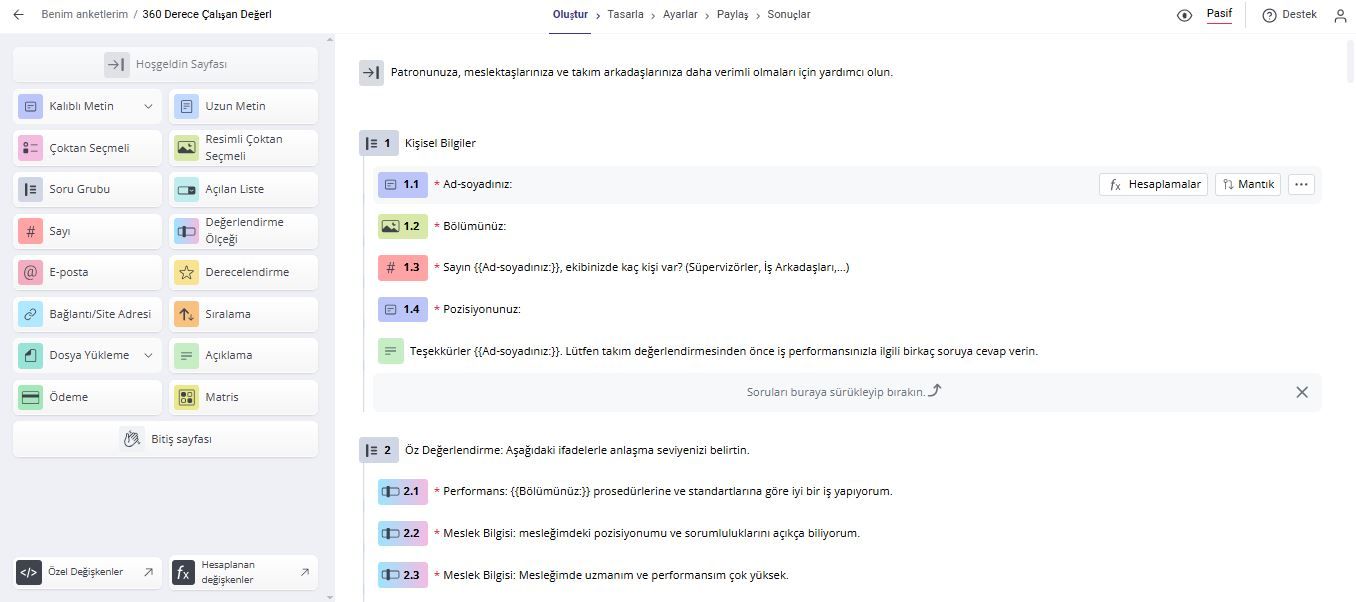 Porsline form oluşturucusunda 360 derece çalışan değerlendirme anketi hazırlama ekranı.