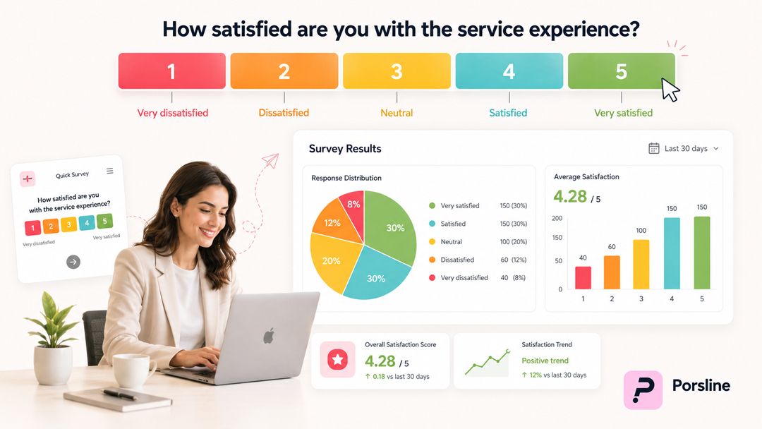 Woman reviewing a Porsline Likert-scale survey dashboard with satisfaction ratings, response distribution and survey analysis results