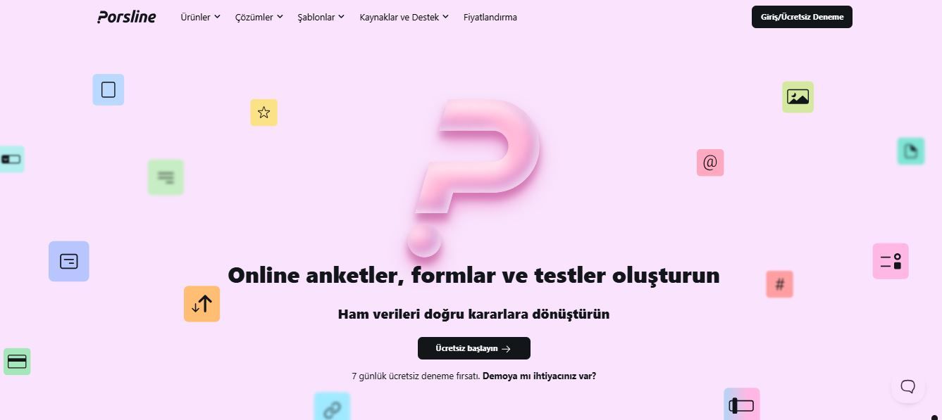 Porsline'ın online anket, online form ve online test oluşturma platformunu gösteren ana sayfa görünümü.