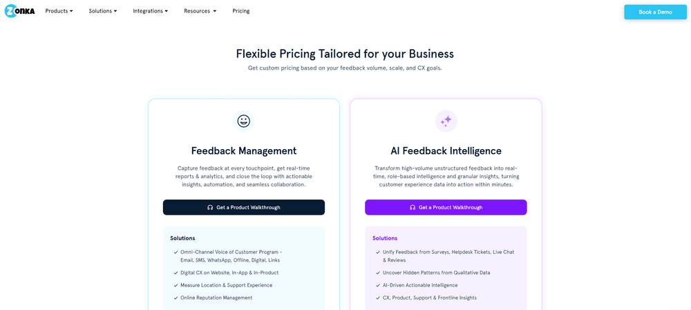 Zonka Feedback fiyatlandırma sayfasında Feedback Management ve AI Feedback Intelligence çözümleri ile müşteri deneyimi ve geri bildirim yönetimi özellikleri