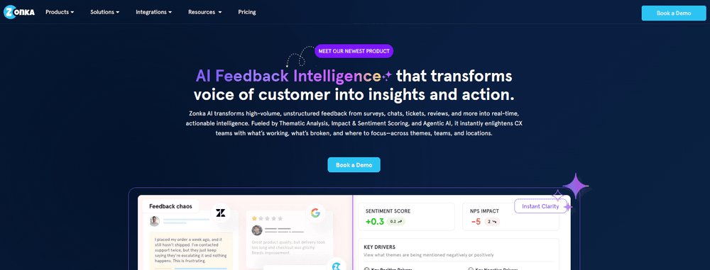 Zonka Feedback platformunda yapay zekâ destekli müşteri geri bildirimi analizi, duygu analizi ve müşteri deneyimi içgörüleri gösterimi